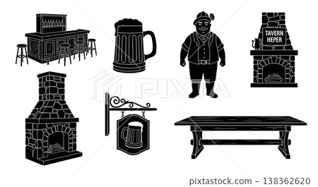 Black Solid Historical Tavern Inn Silhouettes Set of Six on White Background Black Solid Historical Tavern Inn Silhouettes Set of Six on White Background 138362620
