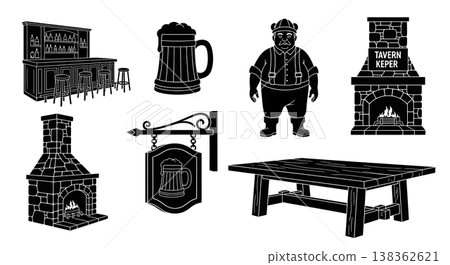 Black Solid Historical Tavern Inn Silhouettes Set of Six on White Background Black Solid Historical Tavern Inn Silhouettes Set of Six on White Background 138362621