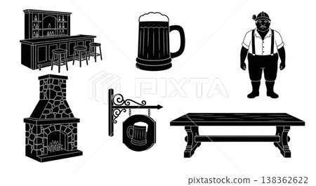 Black Solid Historical Tavern Inn Silhouettes Set of Six on White Background Black Solid Historical Tavern Inn Silhouettes Set of Six on White Background 138362622