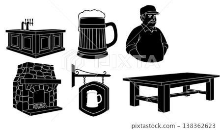 Black Solid Historical Tavern Inn Silhouettes Set of Six on White Background Black Solid Historical Tavern Inn Silhouettes Set of Six on White Background 138362623
