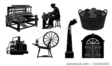 Black Solid Historical Weaving Mill Silhouettes Set of Six on White Background Black Solid Historical Weaving Mill Silhouettes Set of Six on White Background 138362643