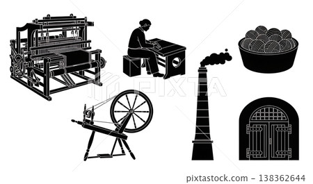 Black Solid Historical Weaving Mill Silhouettes Set of Six on White Background 138362644