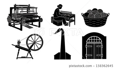 Black Solid Historical Weaving Mill Silhouettes Set of Six on White Background 138362645