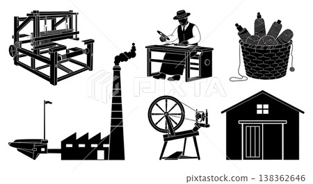 Black Solid Historical Weaving Mill Silhouettes Set of Six on White Background 138362646