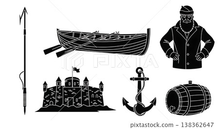 Black Solid Historical Whaling Silhouettes Set of Six on White Background 138362647