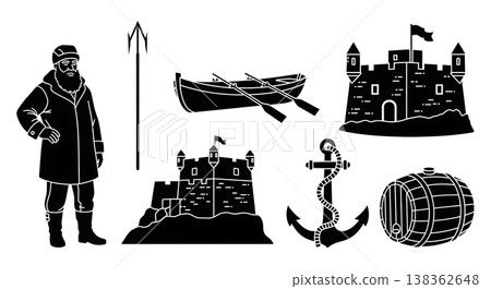 Black Solid Historical Whaling Silhouettes Set of Six on White Background Black Solid Historical Whaling Silhouettes Set of Six on White Background 138362648