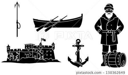 Black Solid Historical Whaling Silhouettes Set of Six on White Background 138362649