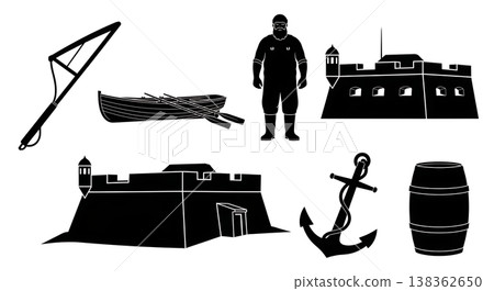 Black Solid Historical Whaling Silhouettes Set of Six on White Background Black Solid Historical Whaling Silhouettes Set of Six on White Background 138362650
