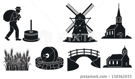 Black Solid Historical Windmill Silhouettes Set of Six on White Background Black Solid Historical Windmill Silhouettes Set of Six on White Background 138362655
