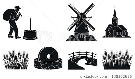 Black Solid Historical Windmill Silhouettes Set of Six on White Background Black Solid Historical Windmill Silhouettes Set of Six on White Background 138362656