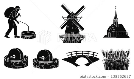 Black Solid Historical Windmill Silhouettes Set of Six on White Background Black Solid Historical Windmill Silhouettes Set of Six on White Background 138362657
