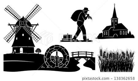 Black Solid Historical Windmill Silhouettes Set of Six on White Background Black Solid Historical Windmill Silhouettes Set of Six on White Background 138362658