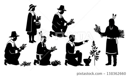 Black Solid Historical Wood Carving Set of Six on White Background 138362660