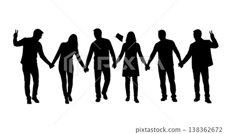 Black Solid Holding Hands Silhouettes Set of Six on White Background 138362672