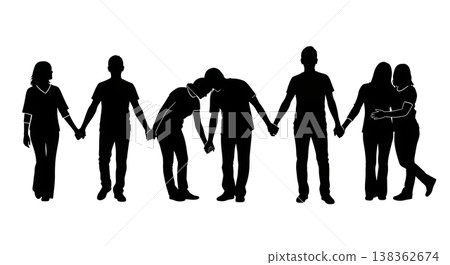 Black Solid Holding Hands Silhouettes Set of Six on White Background 138362674