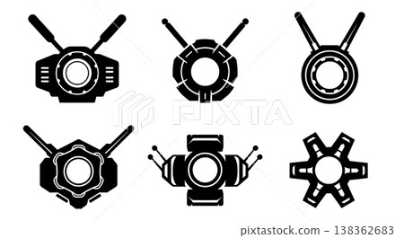 Black Solid Hologram Projector Silhouettes Set of Six on White Background Black Solid Hologram Projector Silhouettes Set of Six on White Background 138362683