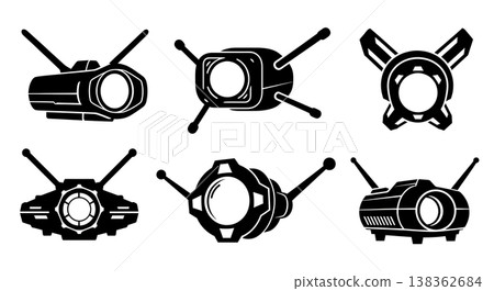 Black Solid Hologram Projector Silhouettes Set of Six on White Background Black Solid Hologram Projector Silhouettes Set of Six on White Background 138362684