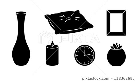 Black Solid Home Decor Items Silhouettes Set of Six on White Background Black Solid Home Decor Items Silhouettes Set of Six on White Background 138362693
