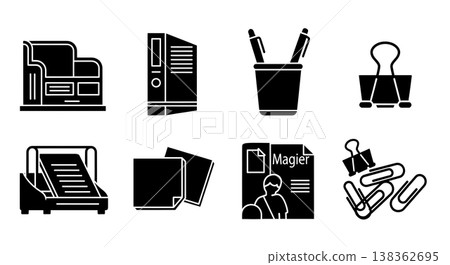 Black Solid Home Office Organization Supplies Silhouettes Set of Six on White Background Black Solid Home Office Organization Supplies Silhouettes Set of Six on White Background 138362695
