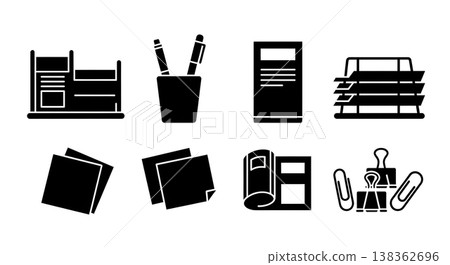 Black Solid Home Office Organization Supplies Silhouettes Set of Six on White Background Black Solid Home Office Organization Supplies Silhouettes Set of Six on White Background 138362696