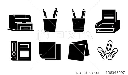 Black Solid Home Office Organization Supplies Silhouettes Set of Six on White Background Black Solid Home Office Organization Supplies Silhouettes Set of Six on White Background 138362697