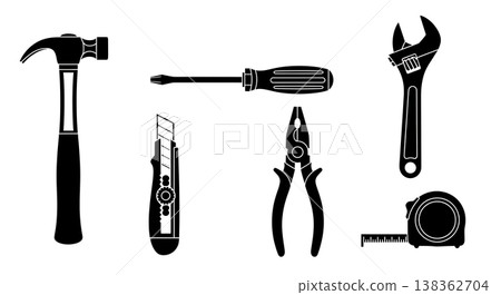 Black Solid Home Repair Tools Silhouettes Set of Six on White Background 138362704