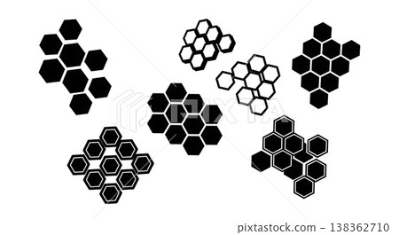 Black Solid Honeycomb Hexagon Silhouettes Set of Six on White Background Black Solid Honeycomb Hexagon Silhouettes Set of Six on White Background 138362710