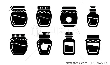 Black Solid Honey Jars Silhouettes Set of Six on White Background Black Solid Honey Jars Silhouettes Set of Six on White Background 138362714