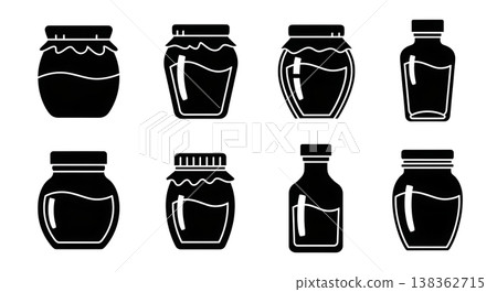 Black Solid Honey Jars Silhouettes Set of Six on White Background Black Solid Honey Jars Silhouettes Set of Six on White Background 138362715