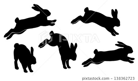 Black Solid Hopping Easter Bunny Silhouettes Set of Six on White Background Black Solid Hopping Easter Bunny Silhouettes Set of Six on White Background 138362723