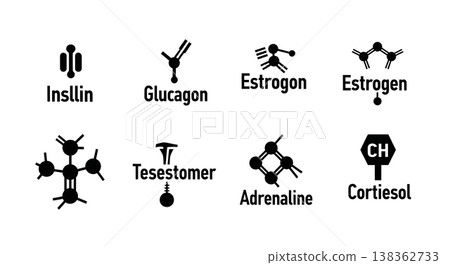 Black Solid Hormone Insulin Molecular Silhouettes Set of Six on White Background 138362733