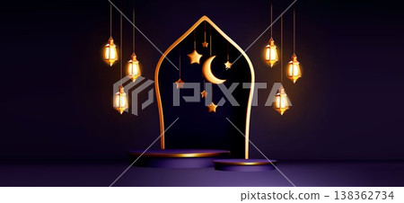Ramadan podium with gold arch, arabic lantern 138362734