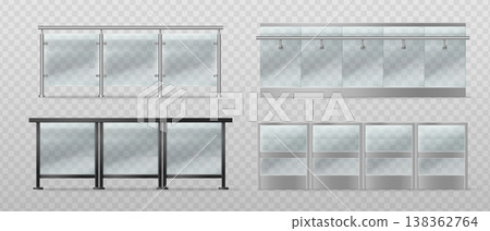 Modern glass balcony railing with metal frame 138362764