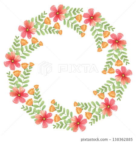 Watercolor frame with red flowers. Hand drawn botanical illustration. Wreath of blooming and greenery is perfect for invitations and weddings. 138362885