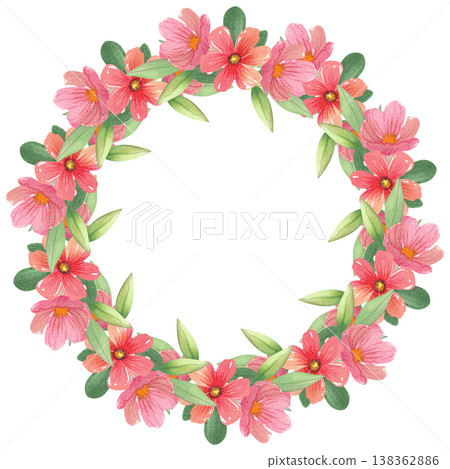 Watercolor frame with red and pink flowers. Hand drawn botanical illustration. Wreath of blooming and greenery is perfect for invitations and weddings. Watercolor frame with red and pink flowers. Hand drawn botanical illustration. Wreath of blooming and greenery is perfect for invitations and weddings. 138362886