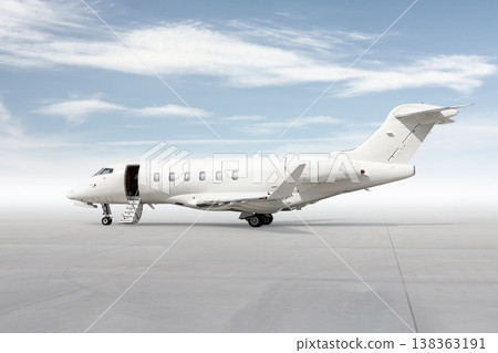 Modern white private jet with an opened gangway door isolated on bright background with sky Modern white private jet with an opened gangway door isolated on bright background with sky 138363191