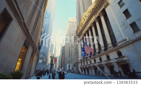 Avenue in City With Skyline Towers and Classic Building Facade With Flag in Day 138363533