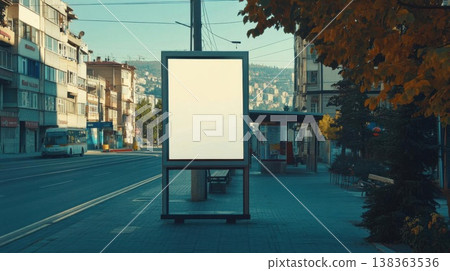 Advertise in City Scape, Blank Billboard and Autumnal Ambiance on Urban Street 138363536