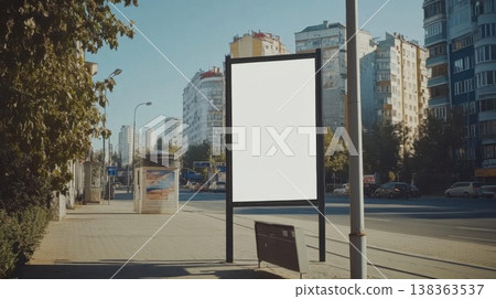 Blank Billboard Stands tall in Urban Landscape for advertisement and public display 138363537