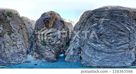 Aerial view of a narrow canyon with a turquoise river and waterfall among gray rocks, wild nature and travel concept 360 Aerial view of a narrow canyon with a turquoise river and waterfall among gray rocks, wild nature and travel concept 360 138363566