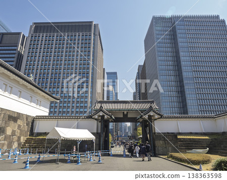 傳統與未來的交會點。皇宮大門與城市摩天大樓。 138363598