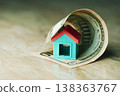 a toy house enclosed by a rolled dollar bill 138363767