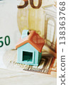 a toy house placed over a euro banknote 138363768