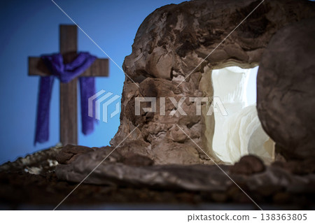 Empty tomb representing jesus resurrection and easter morning light Empty tomb representing jesus resurrection and easter morning light 138363805