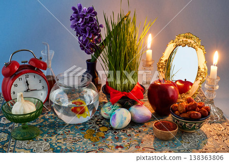 Haft-sin table celebrating persian new year nowruz Haft-sin table celebrating persian new year nowruz 138363806