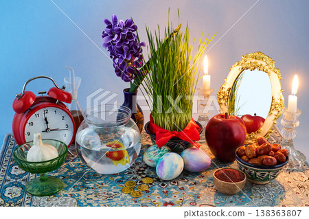 Haft-sin table celebrating persian new year nowruz festival Haft-sin table celebrating persian new year nowruz festival 138363807