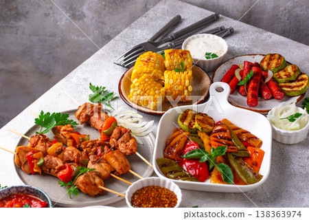 Assortment of grilled bbq meat and vegetables Assortment of grilled bbq meat and vegetables 138363974