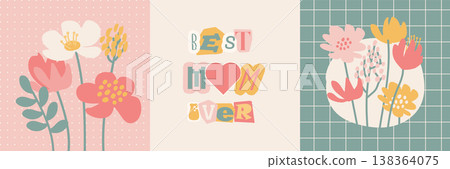 Happy Mother s Day social media post set. Abstract boho spring flowers and cute cutout text Best Mom Ever on pastel dotted and grid background. Minimalist naive floral vector poster template. 138364075
