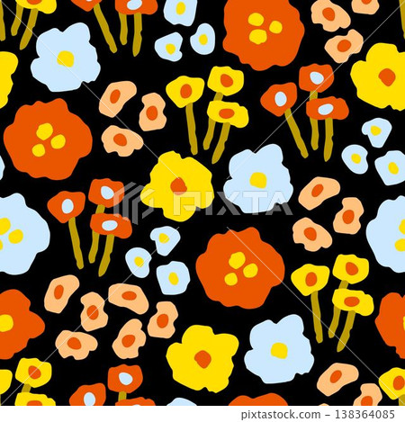 Floral vector seamless pattern. Bright flowers in autumn yellow-orange colors on a black background. For printed fabrics, textiles, boho decor. Floral vector seamless pattern. Bright flowers in autumn yellow-orange colors on a black background. For printed fabrics, textiles, boho decor. 138364085