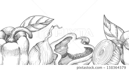 Seamless border of bell peppers and onions. Vector ink styled handmade illustration. For packaging design, cards, cover, prints, product labels and fabric. Seamless border of bell peppers and onions. Vector ink styled handmade illustration. For packaging design, cards, cover, prints, product labels and fabric. 138364379